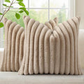 decorUhome Cozy Faux Fur Throw Pillow Covers 22x22 Set of 2 Decorative Soft Plush Striped Modern Farmhouse Boho Couch Euro Sham Pillow Cases with Velvet Back for Sofa Bed Living Room, Khaki Brown