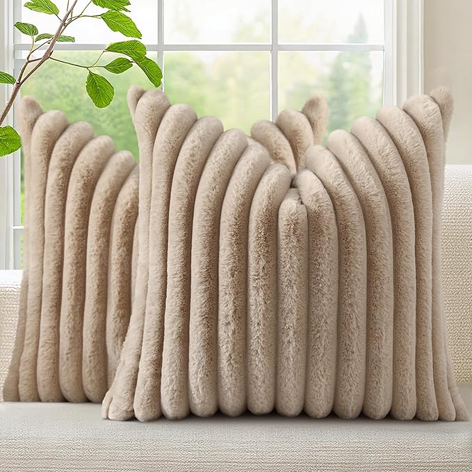 decorUhome Cozy Faux Fur Throw Pillow Covers 22x22 Set of 2 Decorative Soft Plush Striped Modern Farmhouse Boho Couch Euro Sham Pillow Cases with Velvet Back for Sofa Bed Living Room, Khaki Brown