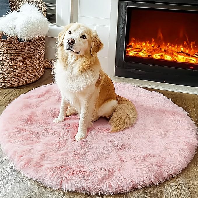 ONASAR Light Pink Round Area Rugs 3ft for Bedroom Living Room, Fluffy Cat Dog Bed Mat, Circle Rug for Kids Girls Boys Teen, Soft Plush Shaggy Carpet for Nursery Dorm Home Decor Aesthetic