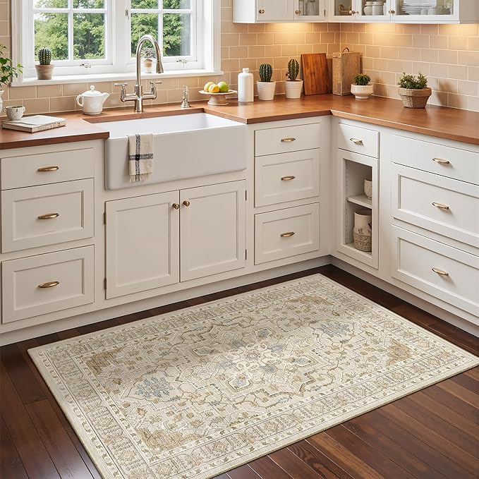 Madane Washable Area Rug 2x3, Small Entryway Rug Non-Slip Vintage Door Mat Indoor Entrance, Low Pile Floor Carpet for Inside Front Door Bedroom Kitchen Entry Laundry (2'x3', Beige/Blue)