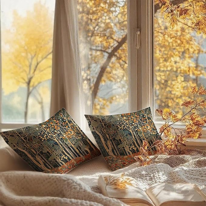 Rustic Autumn Forest Pillow Covers 18x18 Set of 2, Fall Home Room Decor, Vintage Botanical Nature William Morris Inspired Decorative Throw Pillow Covers for Home Bedroom Living Room