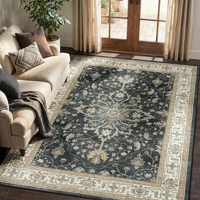 Area Rugs 5'x7' Washable Non-Slip, Floral Vintage Distress Print Pattern Medallion Carpet for Living Room Bedroom Dining Room, Vintage Black Brown Neutral
