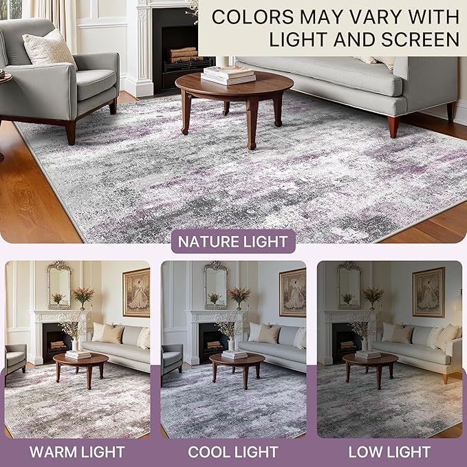 Area Rugs 8x10 for Living Room Bedroom, Modern Abstract Machine Washable Rug, Large Soft Low Pile Floor Carpet with Non Slip Backing for Dining Room, Grey/Purple