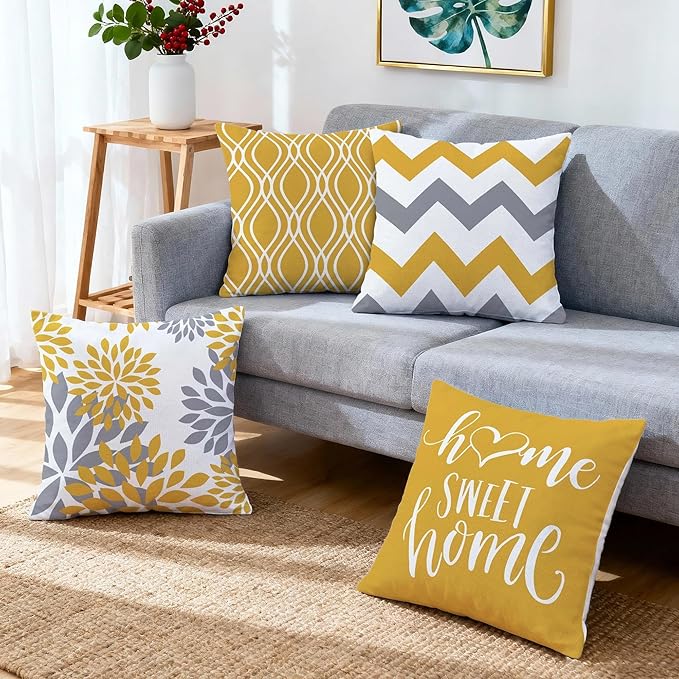 Hexagram Geometric Yellow Pillow Covers 16x16 Set of 4, Decorative Outdoor Boho Modern Throw Pillow Covers, Home Sweet Home Farmhouse Cushion Case for Couch Sofa Bedroom Indoor Decor(No Insert)