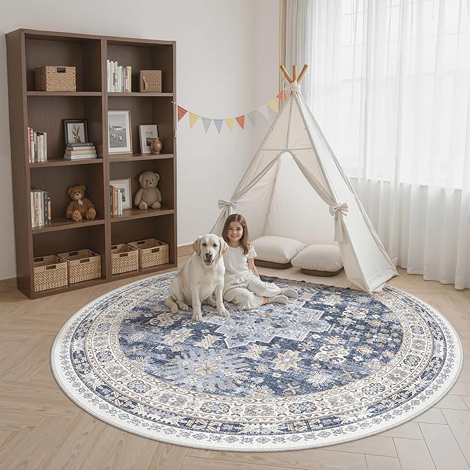 zesthome 8ft Round Rugs for Living Room, Non-Slip Washable Round Area Rugs, Ultra-Thin Large Circle Rugs, Soft Low Pile Rug for Bedroom, Kitchen - Vintage Stain Resistant Round Rug (Blue/Beige,8'x8')
