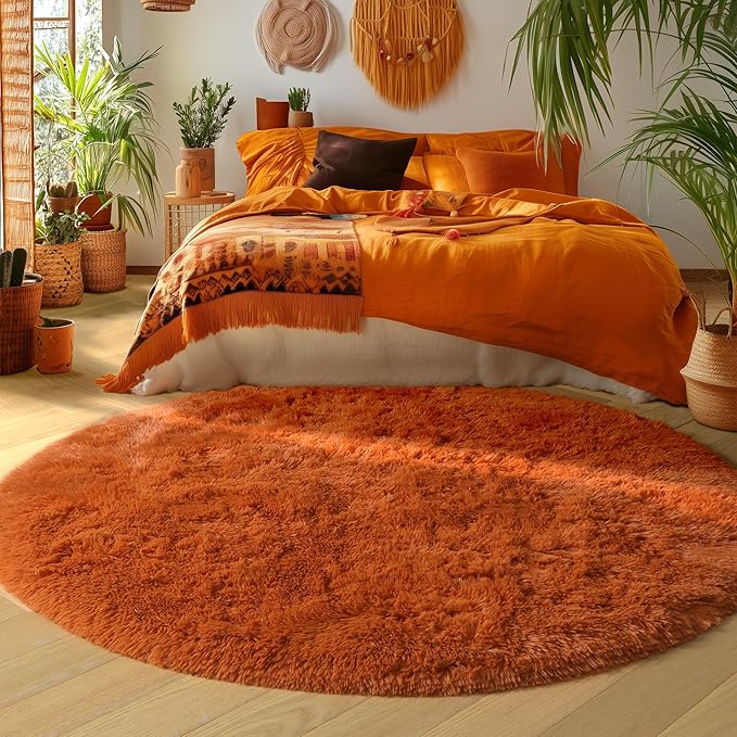Amdrebio Burnt Orange Round Area Rug 5Ft for Bedroom Living Room, Fluffy Fuzzy Shaggy Furry Circle Rugs for Kids Room Decor Aesthetic, Cute Plush Shag Dark Orange Carpet for Nursery Dorm Classroom