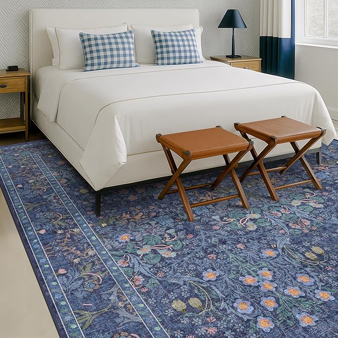 Hazo Haus Boho 8x12 Washable Dark Blue Rug for Living Room - Large Area Rug for Dining Room Under Table, Bedroom Under Bed, Vintage Floral Design, Low Pile & Soft Indoor Décor