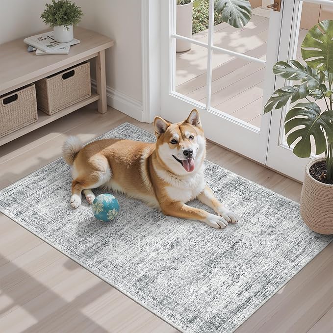 2x3 Washable Rugs for Kitchen, Floor, Entryway, Powder Room Small Area Rug Non-Slip Vintage Low Pile Throw Door Mat Grey
