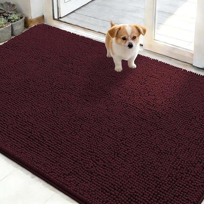 OLANLY Dog Door Mat for Muddy Paws 50x30, Absorbs Moisture and Dirt, Absorbent Non-Slip Washable Doormat, Quick Dry Chenille Mud Mat for Dogs, Entry Indoor Entryway Carpet for Inside Floor, Russet
