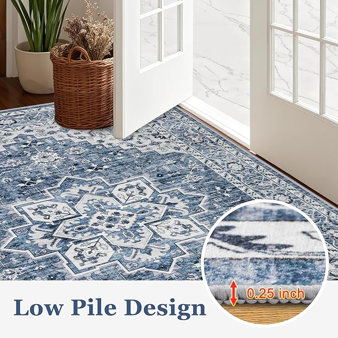 Area Rugs 10x14 Living Room Rug: Washable Rug Soft Vintage Boho Medallion Carpet Indoor Floor Non-Slip Stain Resistant Large Carpets for Bedroom Dining Room Farmhouse Nursery Home Office Blue