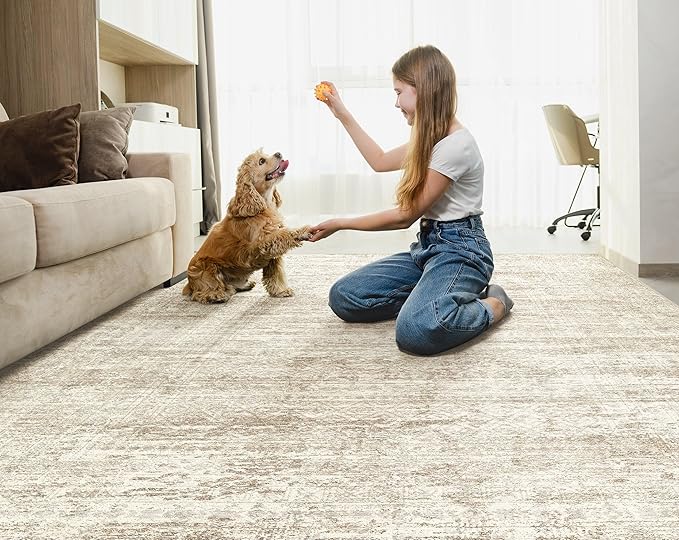 UERMEI 7x9 Area Rug Living Room Rugs - Washable Neutral Modern Abstract Soft Thin Rug Indoor Floor No Slip Rug Carpet for Bedroom Under Dining Table Home Office Decor - Beige/Brown