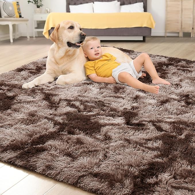 Tepook Area Rugs 9x12 for Living Room, Super Soft Fluffy Rugs for Bedroom, Modern Shaggy Rug Fuzzy Carpets for Kids, Plush Indoor Nursery Home Decor Rug with Non-Slip Bottom, Tie-Dyed Coffee
