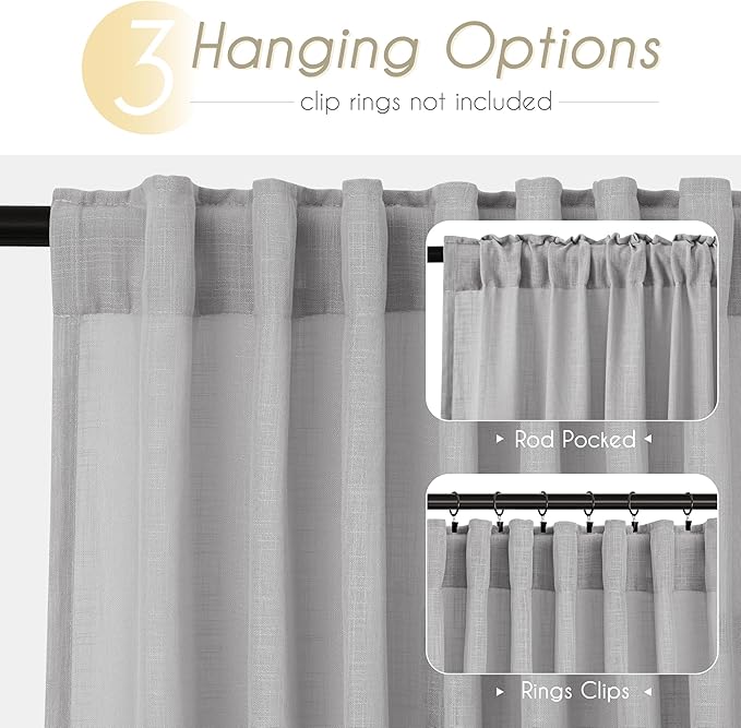 Linen Blend Grey Curtains for Living Room Back Tab Modern Farmhouse Semi Sheer Light Gray Curtains 63 inches Long 2 Panels Set Muted Neutral Cotton Texture Window Curtain for Dining Room Bedroom