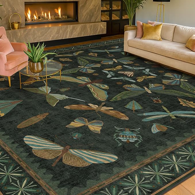 Hazo Haus 7x9 Insect Dark Green Rugs for Living Room, Boho & Forest Design Area Rug for Dining Room Under Table, Bedroom, Unique Washable Floral Non Slip Low Pile Soft Rug