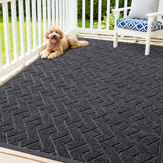 OLANLY Front Door Mat Indoor Outdoor Entrance, Waterproof All-Season, All-Weather Doormat, Sturdy Natural Rubber, Low Profile, Easy Clean Patio Porch Entryway Mat, Herringbone Brick (Grey, 71x47)