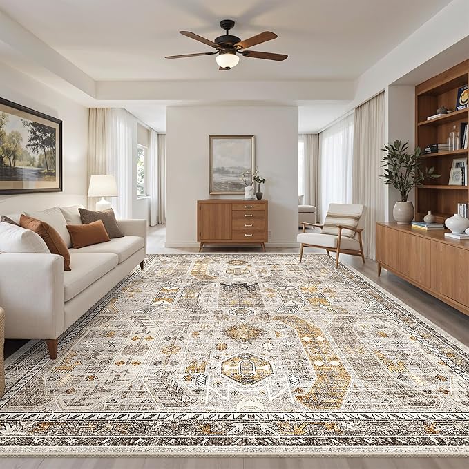 Madane Washable Rug 8x10 Area Rugs for Living Room, Ultra-Thin Non-Slip Backing Rug, Stain Resistant Vintage Large Area Rug for Bedroom (Brown/Gold, 8'x10')