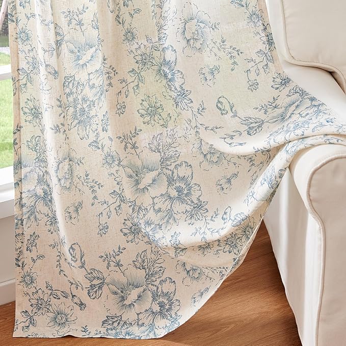 jinchan Linen Blend Curtain Floral Curtains for Living Room 108 Inch Length Blue Printed Curtain Rod Pocket Back Tab Farmhouse Peony Flower Patterned Drapes Bedroom Window Curtains Set 2 Panels