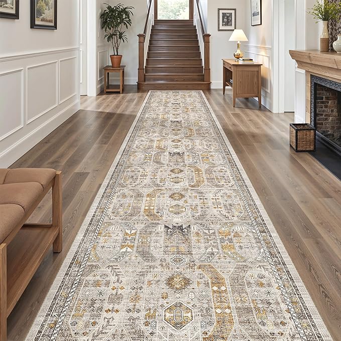 Madane Hallway Runner Rug 3x16 - Vintage Non Slip Washable 16ft Kitchen Runner for Entrance Soft Long Carpet Runners for Living Room Bathroom Low Pile Floor Mat for Bedroom Dining Room, Brown/Gold
