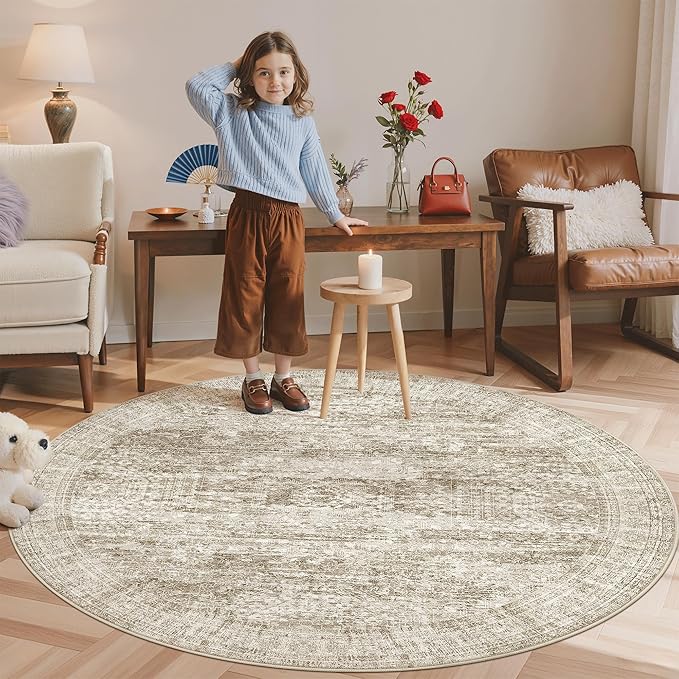 6x6 Brown Round Rug 6ft Living Room Circle Rug Vintage Round Area Rug Non Slip Indoor Carpet for Dining Room Bedroom