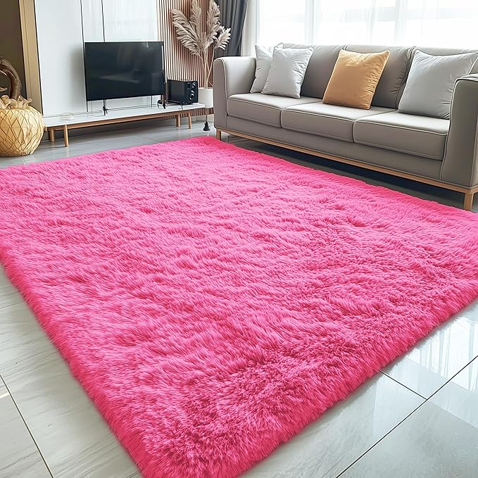 OLANLY 5x7 Machine Washable Large Area Rugs for Living Room, Bedroom, Soft Fluffy Shaggy Bedside Rug, Indoor Floor Carpet for Kids Girls and Boys, Dorms, Nursery, Home Decor Aesthetic, Hot Pink
