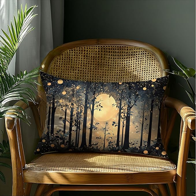 Rustic Night Moon William Morris Inspired Forest Gold Pillow Covers 18x18,Vintage Black and Gold Botanical Nature Landscape Decorative Throw Pillow Covers for Home Bedroom Living Room