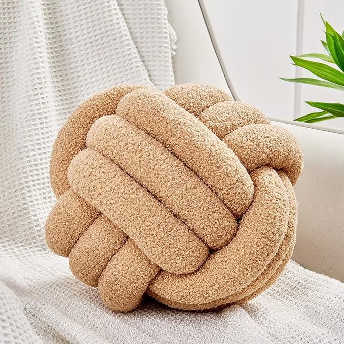 Uvvyui Knot Pillow Ball, Soft Home Decorative Pillows, Round Throw Pillow, Handmade Knotted Plush Pillow, Round Boucle Pillow Cushion (8.6 Inches Khaki)