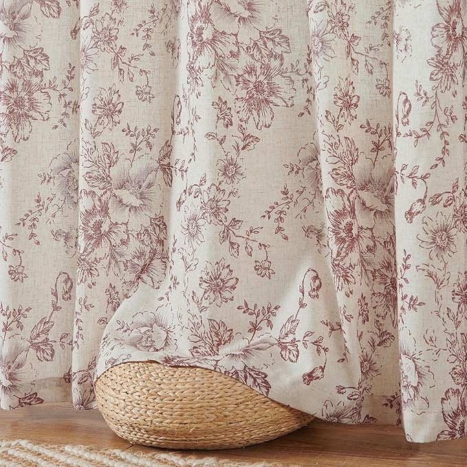 jinchan Linen Blend Curtain Floral Curtains for Living Room 108 Inch Length Farmhouse Brick Red Printed Curtain Rod Pocket Back Tab Peony Flower Patterned Drapes Curtains Set 2 Panels