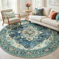 RELEANY Area Rugs 6ft Washable Non-Slip, Floral Vintage Distress Print Pattern Medallion Carpet for Living Room Bedroom Dining Room, Dark Blue Vintage
