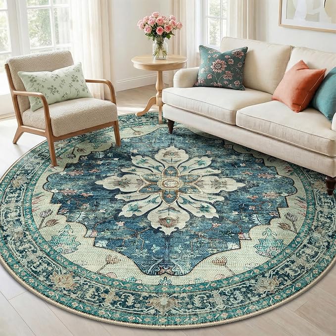 RELEANY Area Rugs 6ft Washable Non-Slip, Floral Vintage Distress Print Pattern Medallion Carpet for Living Room Bedroom Dining Room, Dark Blue Vintage