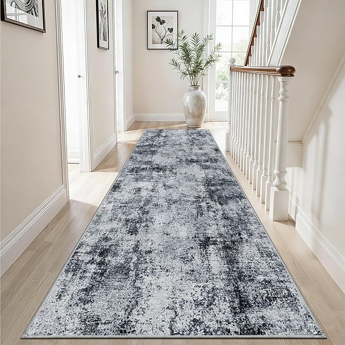 Hallway Runner Rug 2x8 Washable: Entryway Runners Rugs Non Slip Easy-to-Clean - Soft Living Room Bedroom Carpet - Thin Low Pile Printed Floor Mat for Dining Room Black Grey