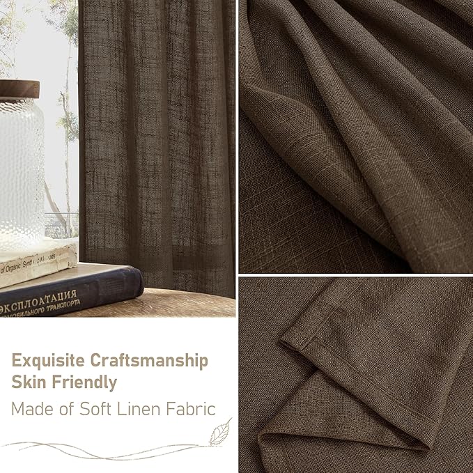 LAMIT Linen Curtains 63 Inch Length 2 Panels, Light Filtering Panels Back Tab and Rod Pocket Neutral Drapes for Bedroom/Window/Living Room, Dark Brown, 34 x 63 Inch