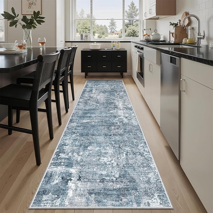 Runner Rug 2x8 Washable Non-Slip Hallway Runner Rugs for Kitchen Bathroom Laundry Room Blue/Grey Vintage Floor Carpet Runners for Hallways Entryway