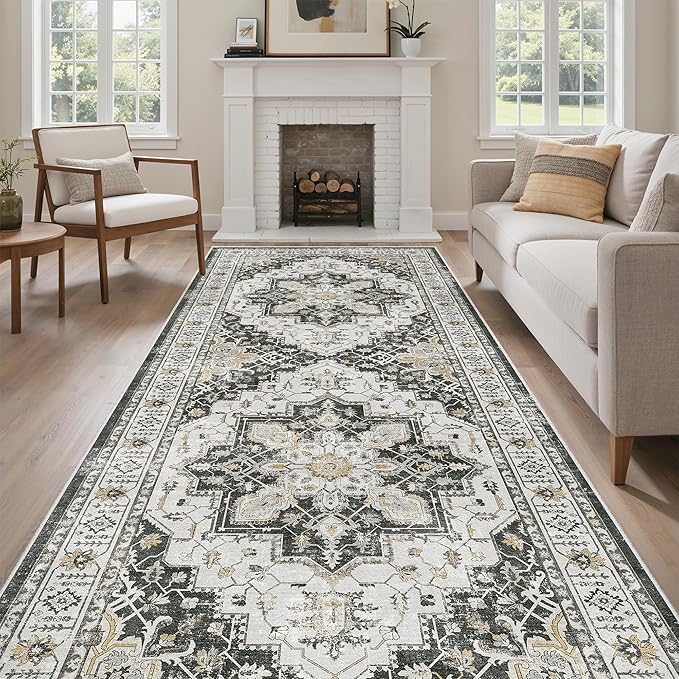 Madane 4x10 Wide Hallway Runner Rug: Washable Soft Rug Runners for Living Room Bedroom, Stain Resistant Low Pile Area Rugs Thin Non Slip Floor Carpet for Ktichen Bathroom Dining Room (Black,4x10)