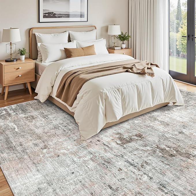 Soalmost 9x12 Area Rugs for Living Room, Non Slip Machine Washable Vintage Rugs, Low Pile Lightweight Large Rug for Bedroom, Dining Room, Home Office Grey Pink