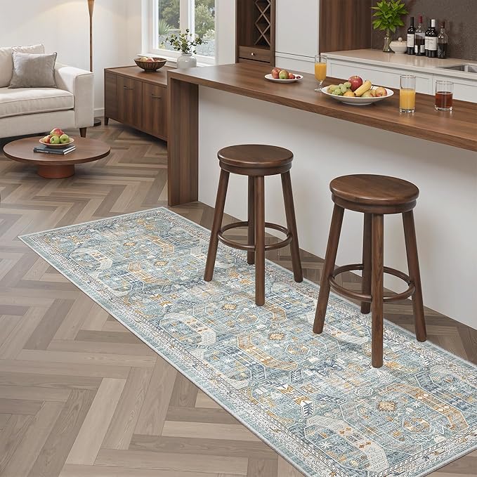 Madane Washable Runner Rug - 2x6 Rug Runners for Hallways 6 Feet Non Slip Vintage Kitchen Runner Rug Ultra-Thin Bathroom Runner Rugs Carpet Laundry Room Bedroom (2x6ft, Blue/Gold)