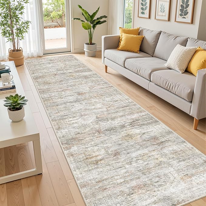 Long Hallway Runner Rug- Carpet Runners for Hallway 12ft, Anti Slip Backing Washable Rug Runner for Bathroom, Entrance, Living Room, Soft Low Pile Modern Rug Runner(2'x12', Grey/Rust)