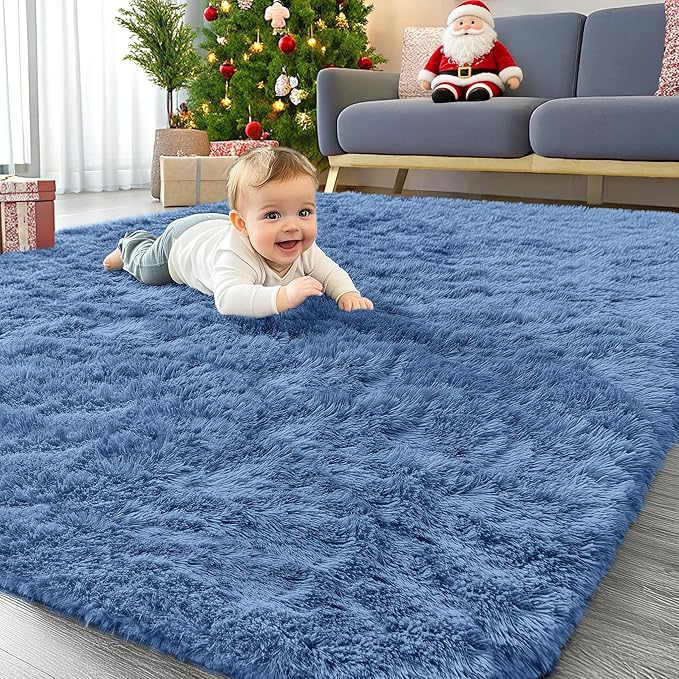 OLANLY Area Rugs for Living Room Bedroom, Machine Washable 4x5.9 ft Soft Fluffy Shaggy Bedside Rug, Indoor Floor Carpet for Kids Girls and Boys, Dorms, Nursery Rooms, Home Decor Aesthetic, Blue