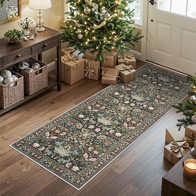 Hallway 2x5 Washable Runner Rug: Oriental Floral Stain Resistant Rug for Entryway Kitchen Farmhouse Soft Carpet for Bathroom Bedroom Thin Laudry Living Room Floor Mat with Non Slip Backing(2x5,Green)