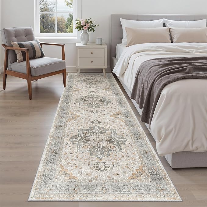 Madane Runner Rug 2'6''x8' Kitchen Runner, Hallway Runner Printed Vintage Rug 2.5x8ft Washable Rugs Soft Non-Slip Low Pile Runners for Hallways Laundry Room Rug, Light Taupe Brown