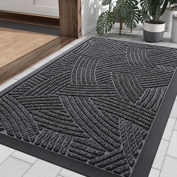 Smiry Front Door Mat Outside Entrance, Heavy Duty Sturdy Natural Rubber Doormat, Trap Dirt and Moisture, Easy Clean Low Profile Mats for Indoor Outdoor Entry, Interwoven Stripes 29.5x17, Grey