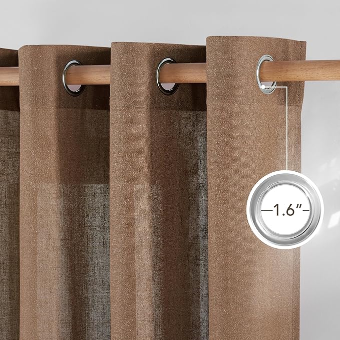 NICETOWN Linen Gold Brown Curtains for Living Room, Rustic Grommet Semi Sheer Linen Blend Privacy Assured with Light Filtering for Living Room/Bedroom, W55 x L96, 2 Panels