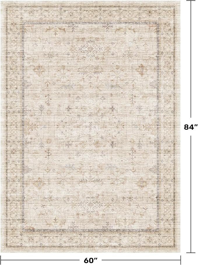 Washable Ivory 5x7 Rug for Bedroom, Home Office, Non Slip Dinning Rugs for Under Table, Low Pile Neutral Farmhouse Retro Living Room Carpet