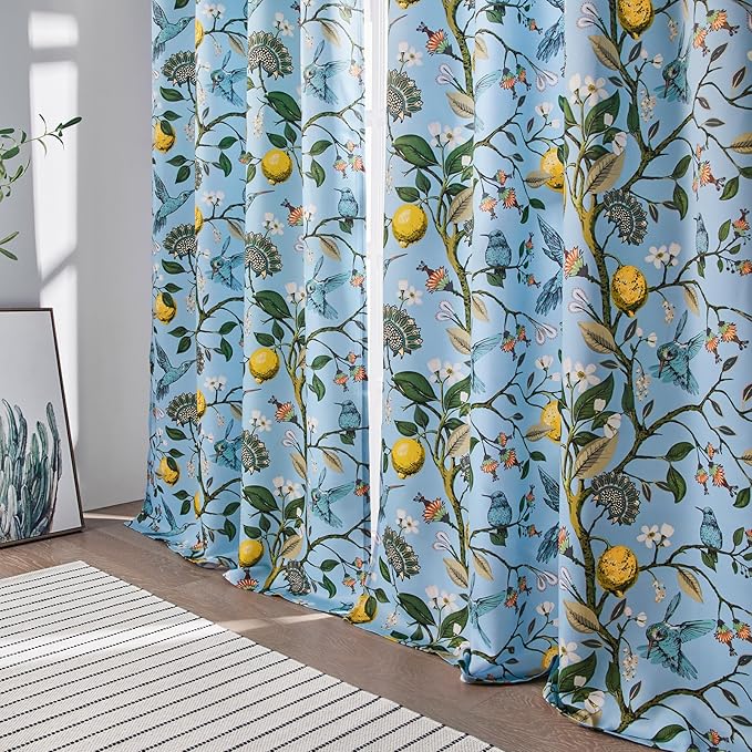 Topfinel Blue and White Patterned Aesthetic Pretty Curtains 84 Inches Long 2 Panels,Grommet Botanical Light Blue Floral Hummingbird Window Treatment for Living Dining Room Bedroom Playroom