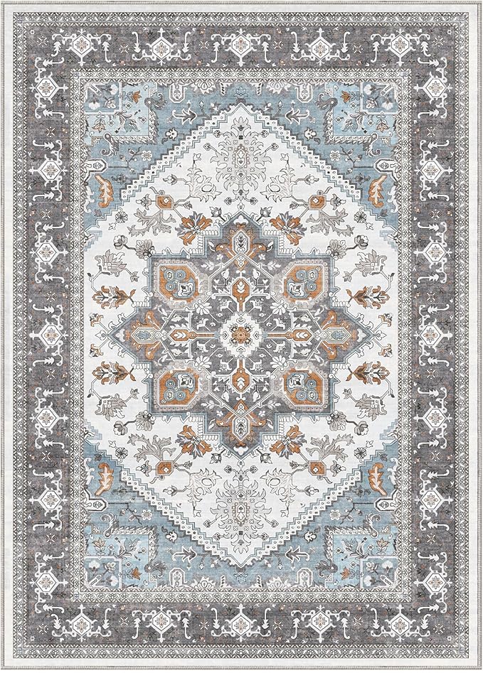 OPPODREAM Soft Area Rugs 4x6, Low-Pile Washable Rugs 4x6 with Non Slip Backing, Faux Cashmere 4 x 6 Throw Carpet, Grey & Teal & Yellow