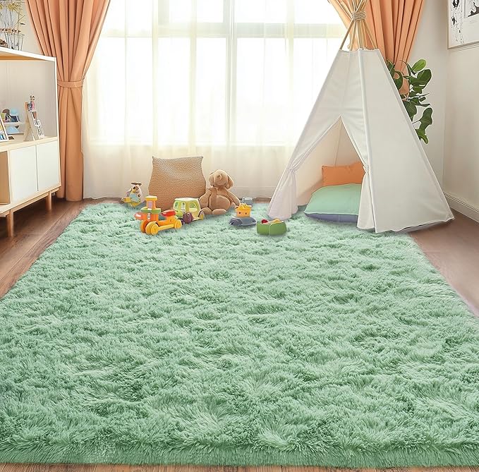 Pionblank Fluffy Large Rug for Living Room 6x9 Feet, Modern Soft Shag Area Rug, Plush Fuzzy Carpet for Bedroom Girls Boys Room Home Nursery Teens Dorm Decor, Mint Green