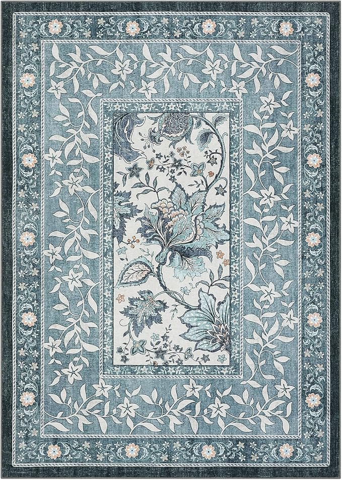 GarveeHome Provence Botanical Grove 4x6 Rug Vintage Cottagecore Retro Blue 4 x 6 Area Rug for Bedroom Living Room Nursery Kitchen Entryway Indoor Mat