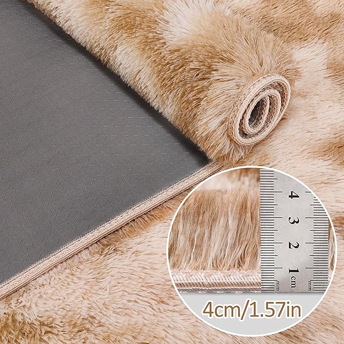 Super Soft Fluffy Living Room Area Rugs 2x6 ft Tie-Dyed Beige Shaggy Furry Carpet Washable Non-Slip Floor Rug Bedroom Bedside Nursery Rug Fuzzy Girls Boy Reduce Noise Dorm Home Decor