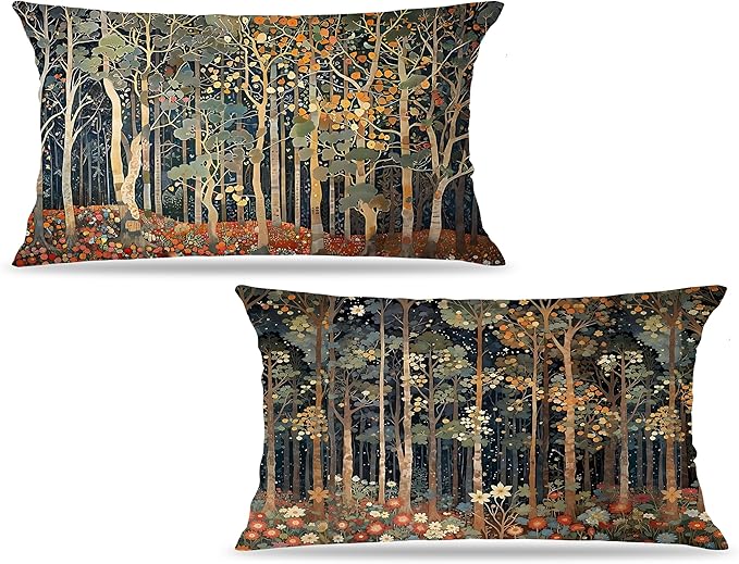 Rustic William Morris Inspired Autumn Forest Pillow Covers 12x20 Set of 2,Vintage Botanical Nature Landscape Decorative Throw Pillow Covers for Home Bedroom Living Room,Fall Home Room Decor