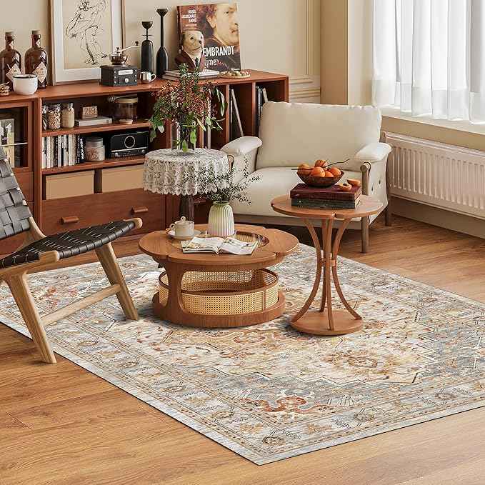 Washable Area Rug 4' x 6' Vintage Traditional Persian Mat - Foldable Distressed Non-Slip Machine Washable Carpet for Living Room Bedroom Kitchen Home Decor - Dove Gray and Coral