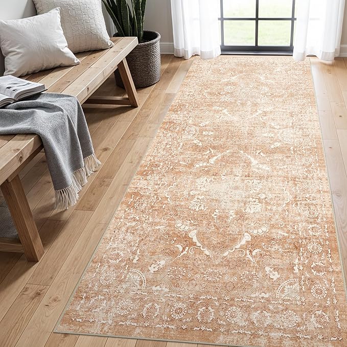 4x8 Washable Hallway Runner Rug - Wide Kitchen Runners Vintage Low Pile Carpet Soft Thin Floor Runner with Rubber Backing for Entryway Bedroom Living Room Home Decor (Brick)